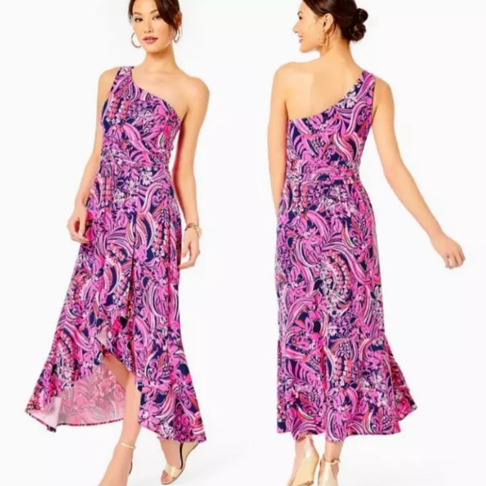 Lilly Pulitzer MONICO ONE SHOULDER Hi-Low Dress in LowTide Navy EUC